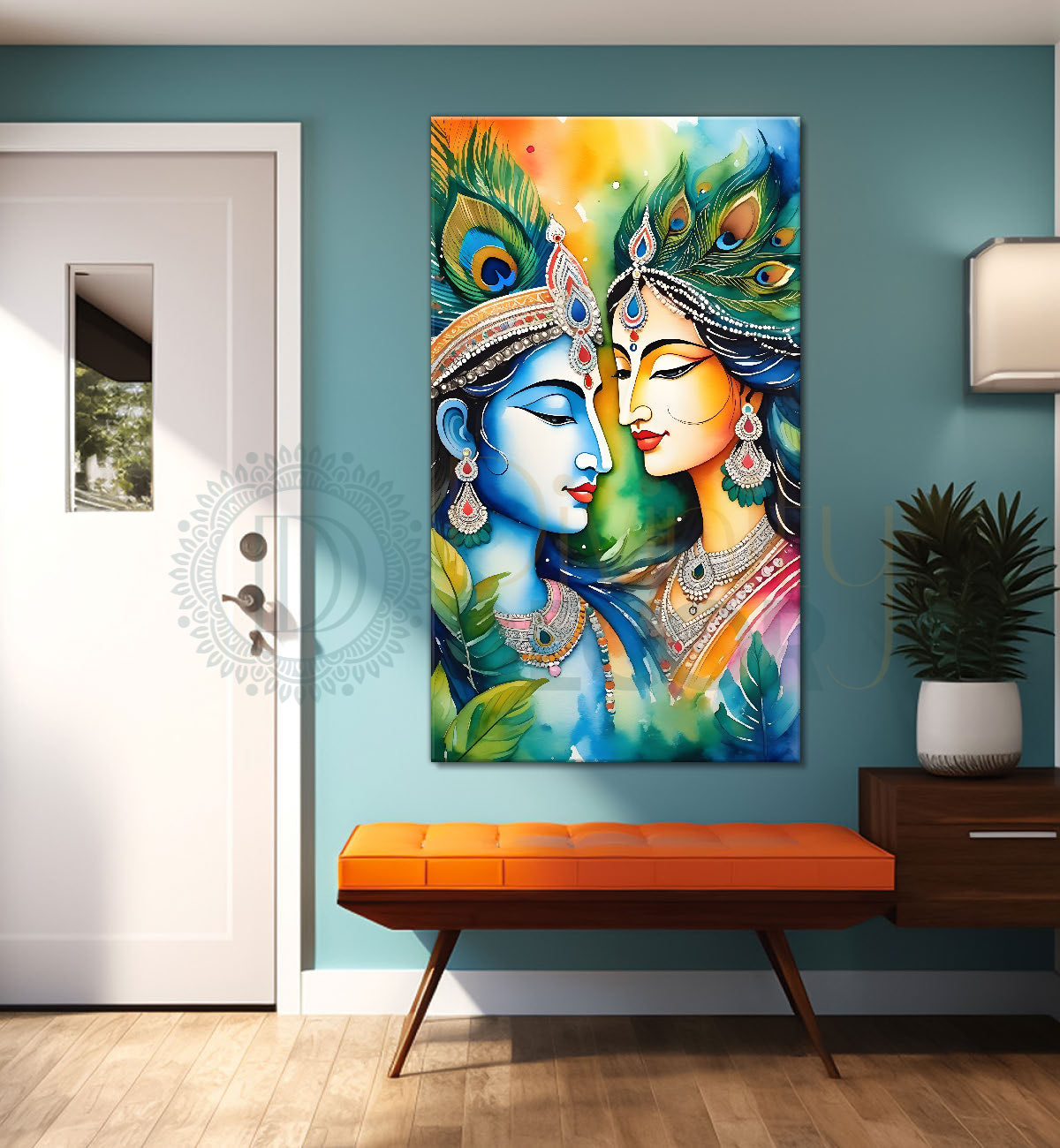 Blue face of krishna with radha in water colour textured art Canvas Painting - Design - Krishna-V-54