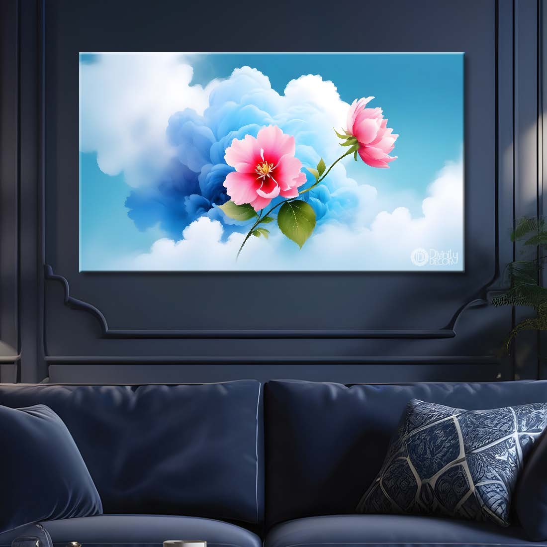 Pink flowers with blue background canvas painting- Flower-550