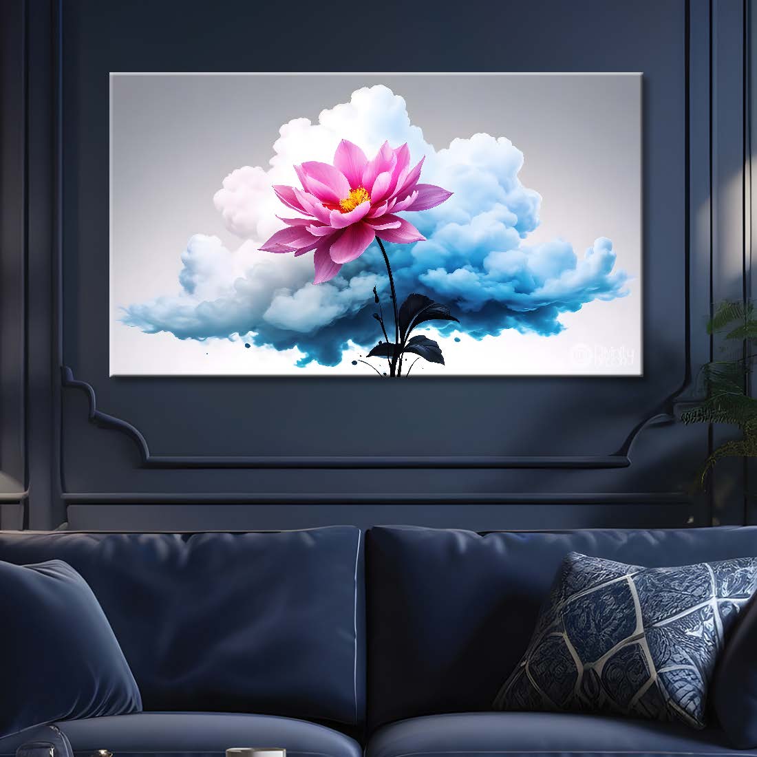 Pink flowers with blue background canvas painting- Flower-551