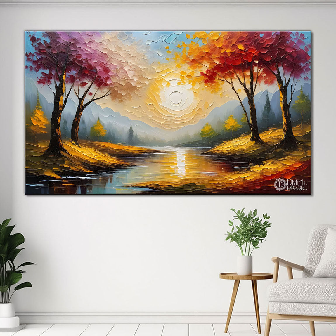Colorful tree with sun and lake painting Canvas Painting - Nature Art -551