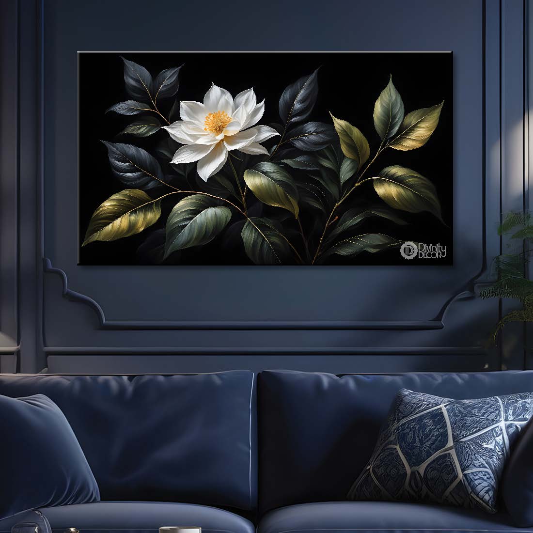 White flower in black background canvas painting- Flower-552