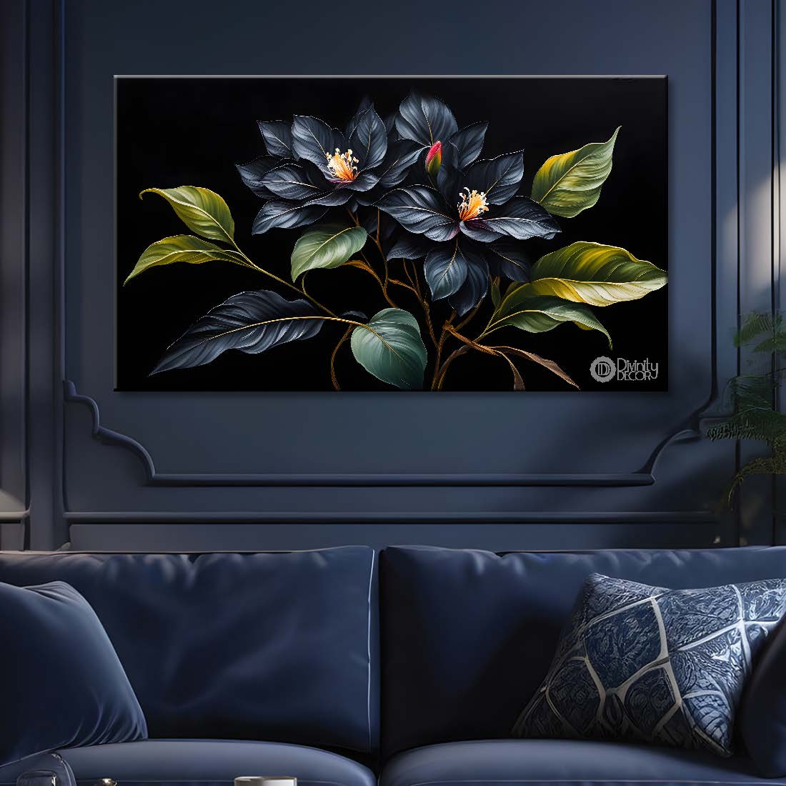 Navy blue flowers in black background canvas painting- Flower-553