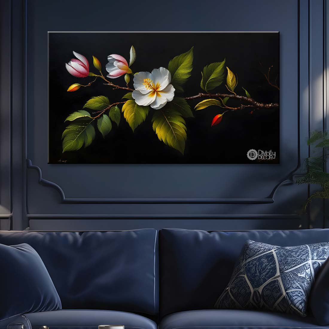 White and pink flowers in sea green background canvas painting- Flower-554