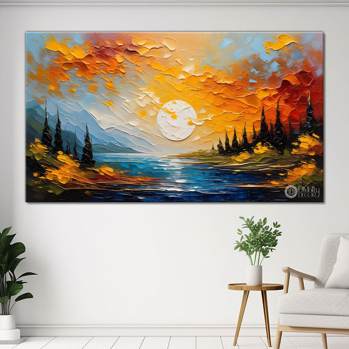 Sunset view in textured painting Canvas Painting - Nature Art -554