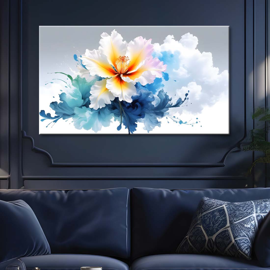 White flower in blue background canvas painting- Flower-555