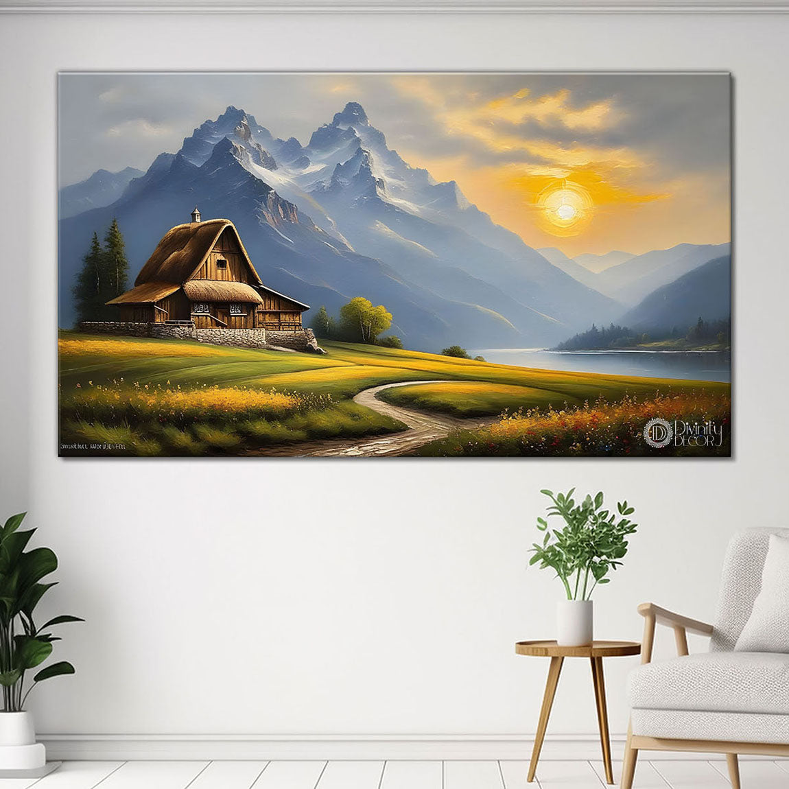 Mountains with greenery and house painting Canvas Painting - Nature Art -556