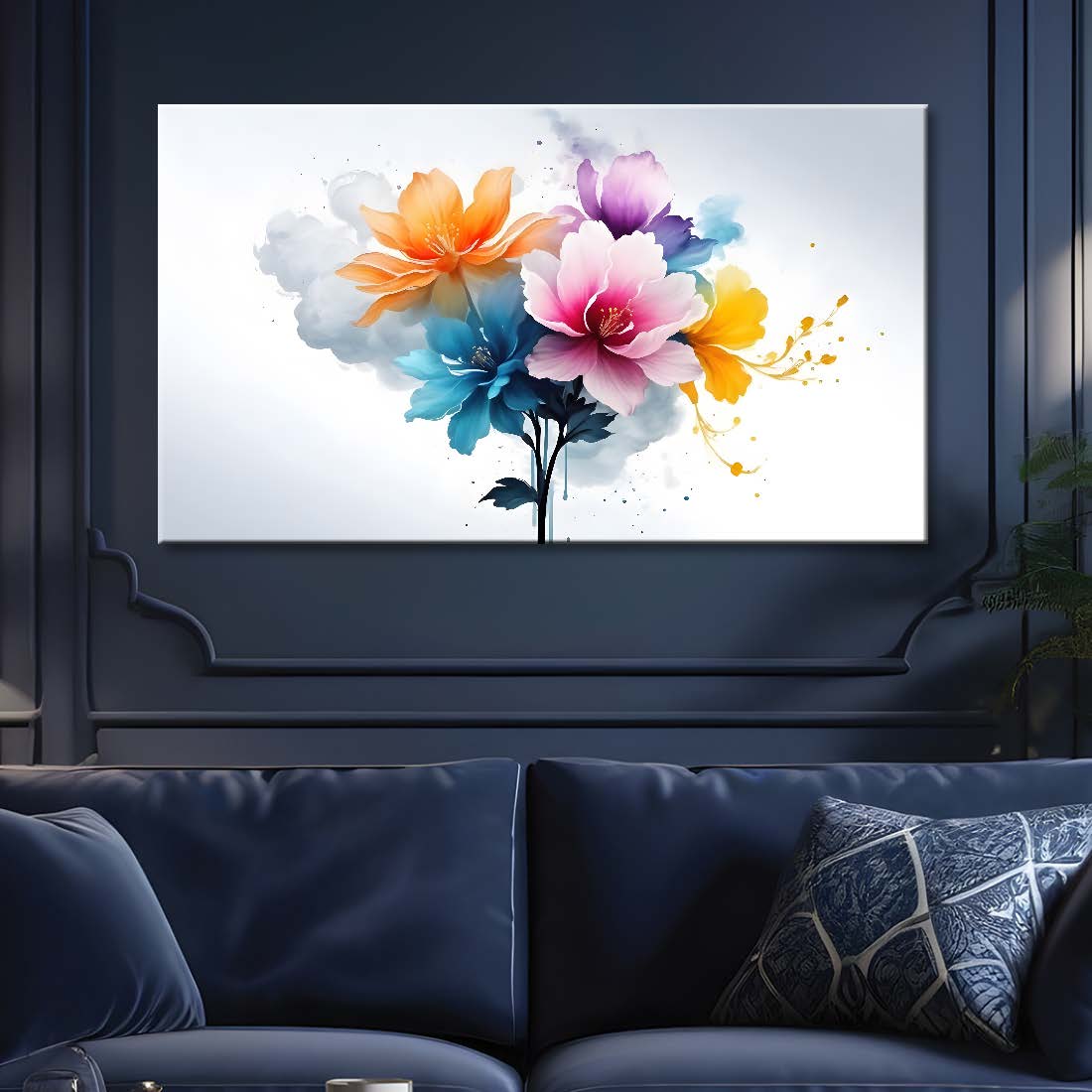 Colorful flowers in white background canvas painting- Flower-559