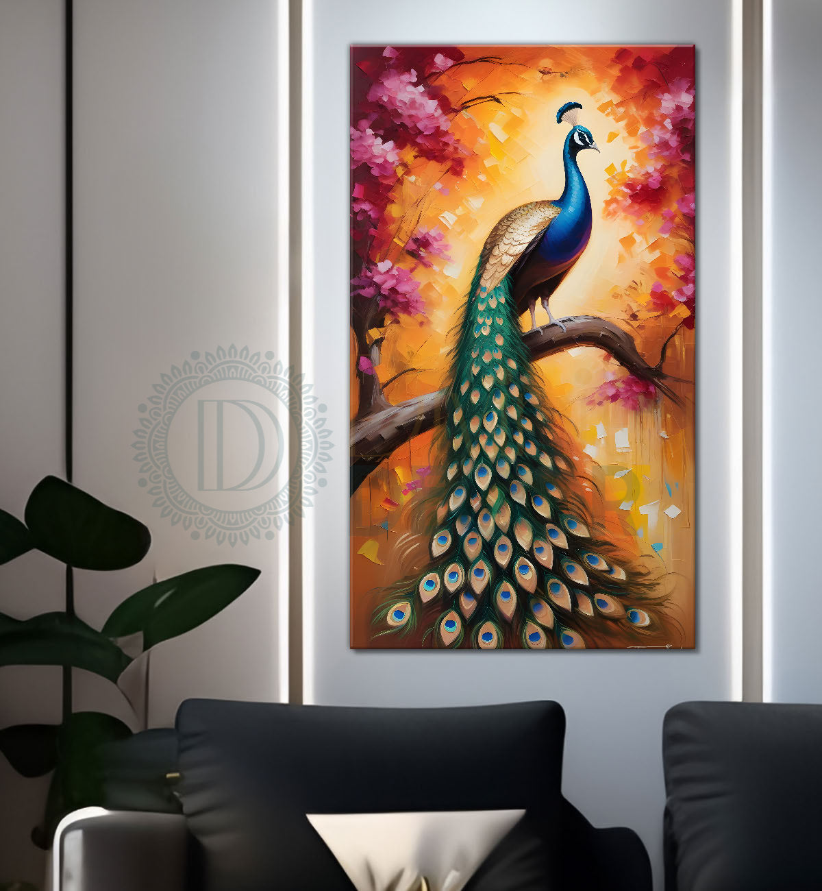 Peacock on branch with bright background modern art painting  - Design - Peacock-V-55