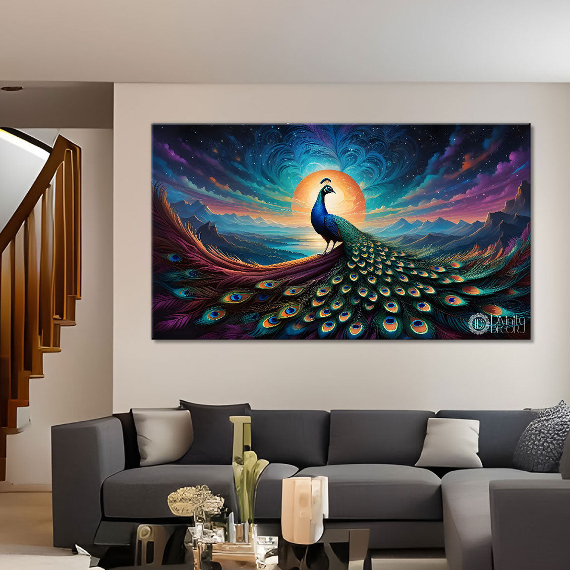 Peacock on the branch with blue background modern art Canvas Painting - Design - Peacock-55