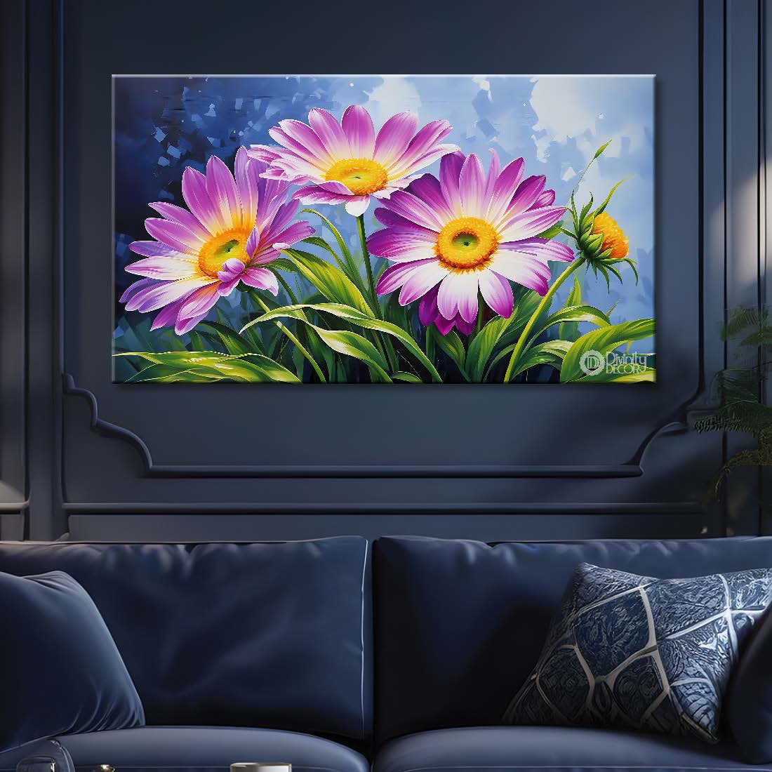 Pink flowers in blue background canvas painting- Flower-560