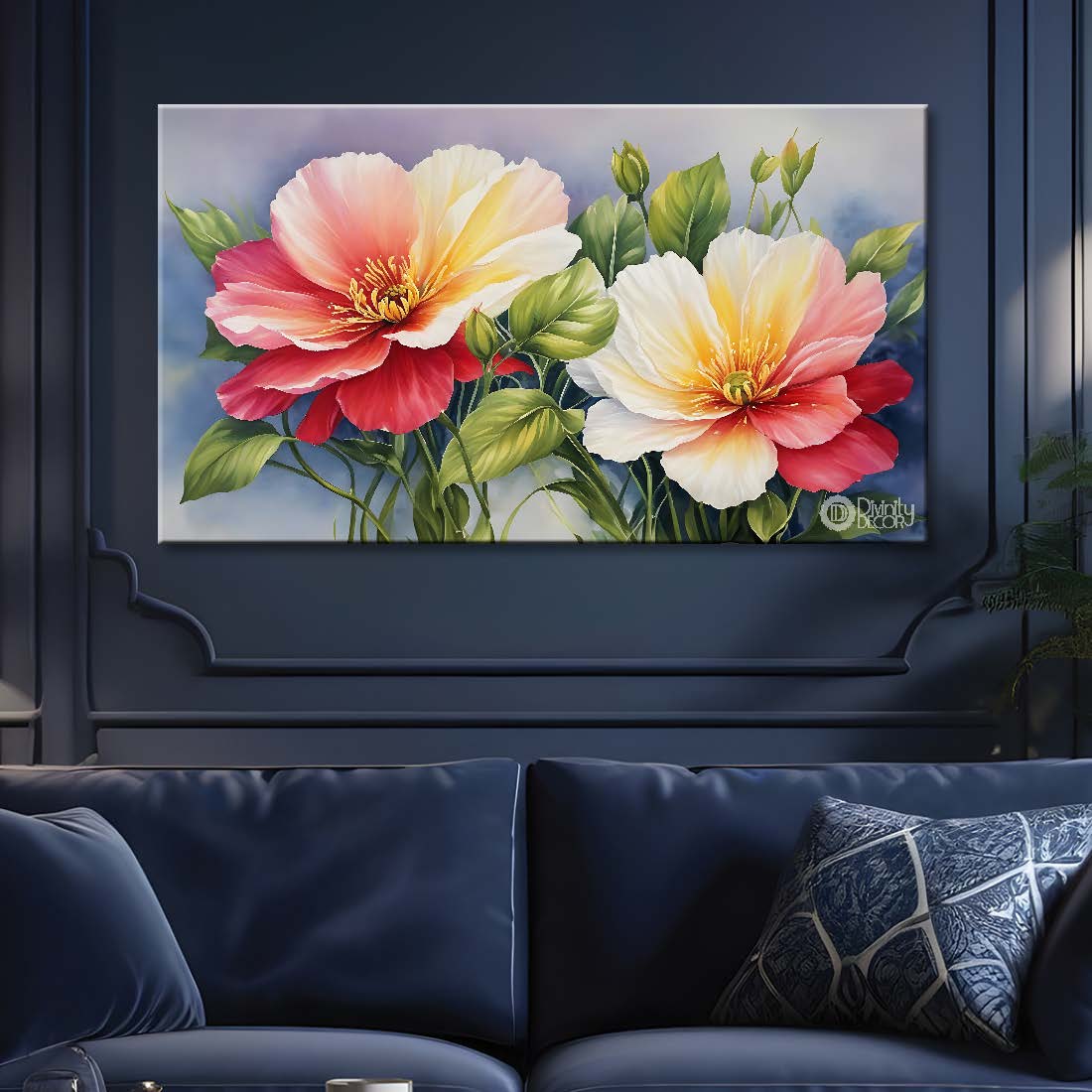 Pink flowers in grey background canvas painting- Flower-561