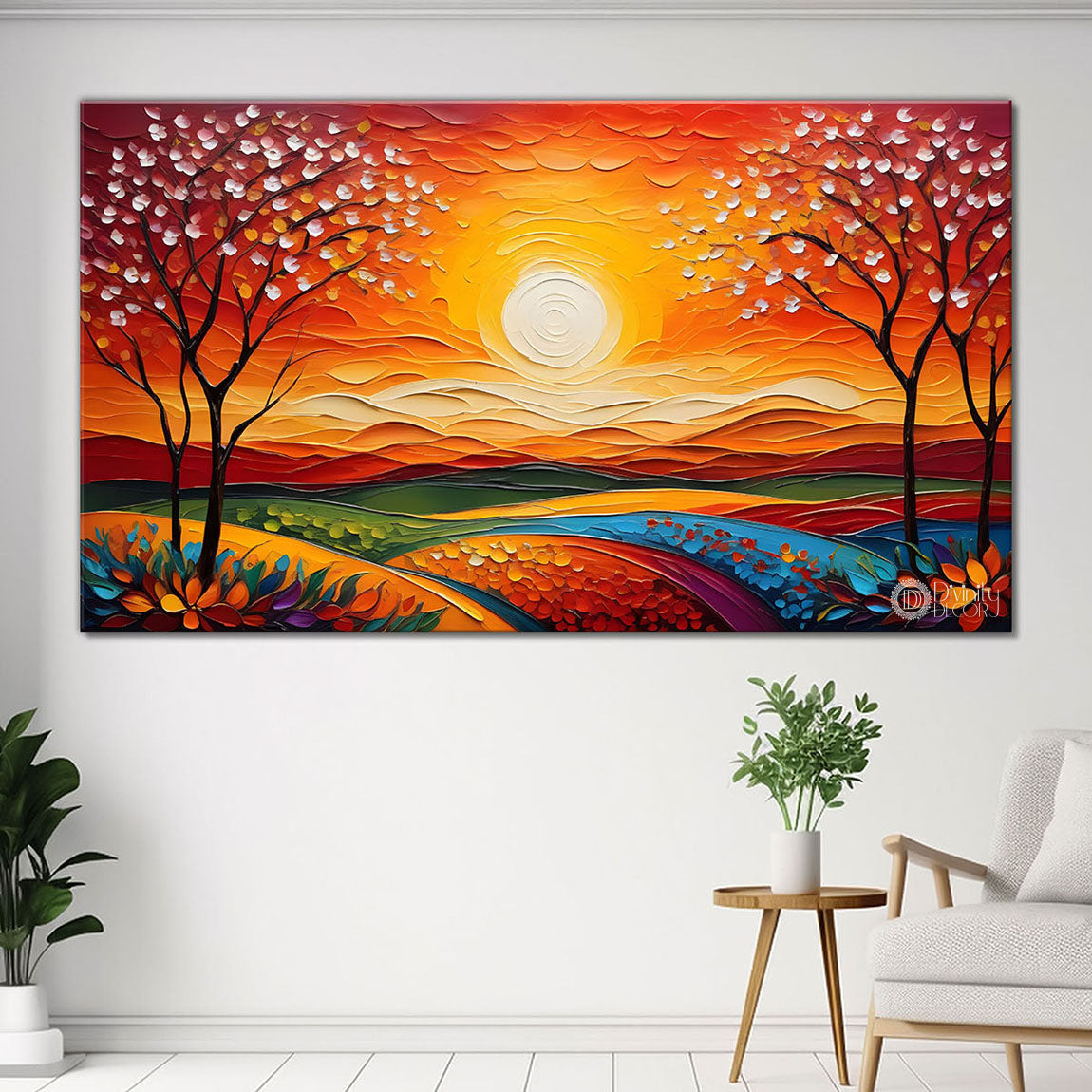 Pink trees with sunset painting Canvas Painting - Nature Art -561