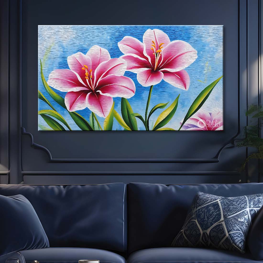 Pink flowers in blue background canvas painting- Flower-562