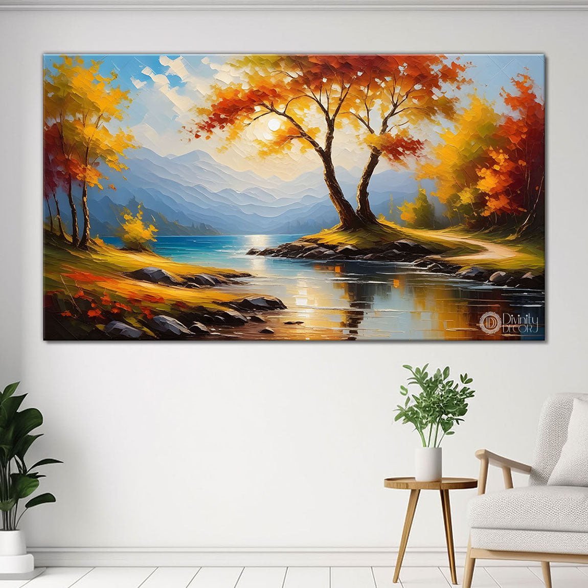 Orange trees with lake painting Canvas Painting - Nature Art -562