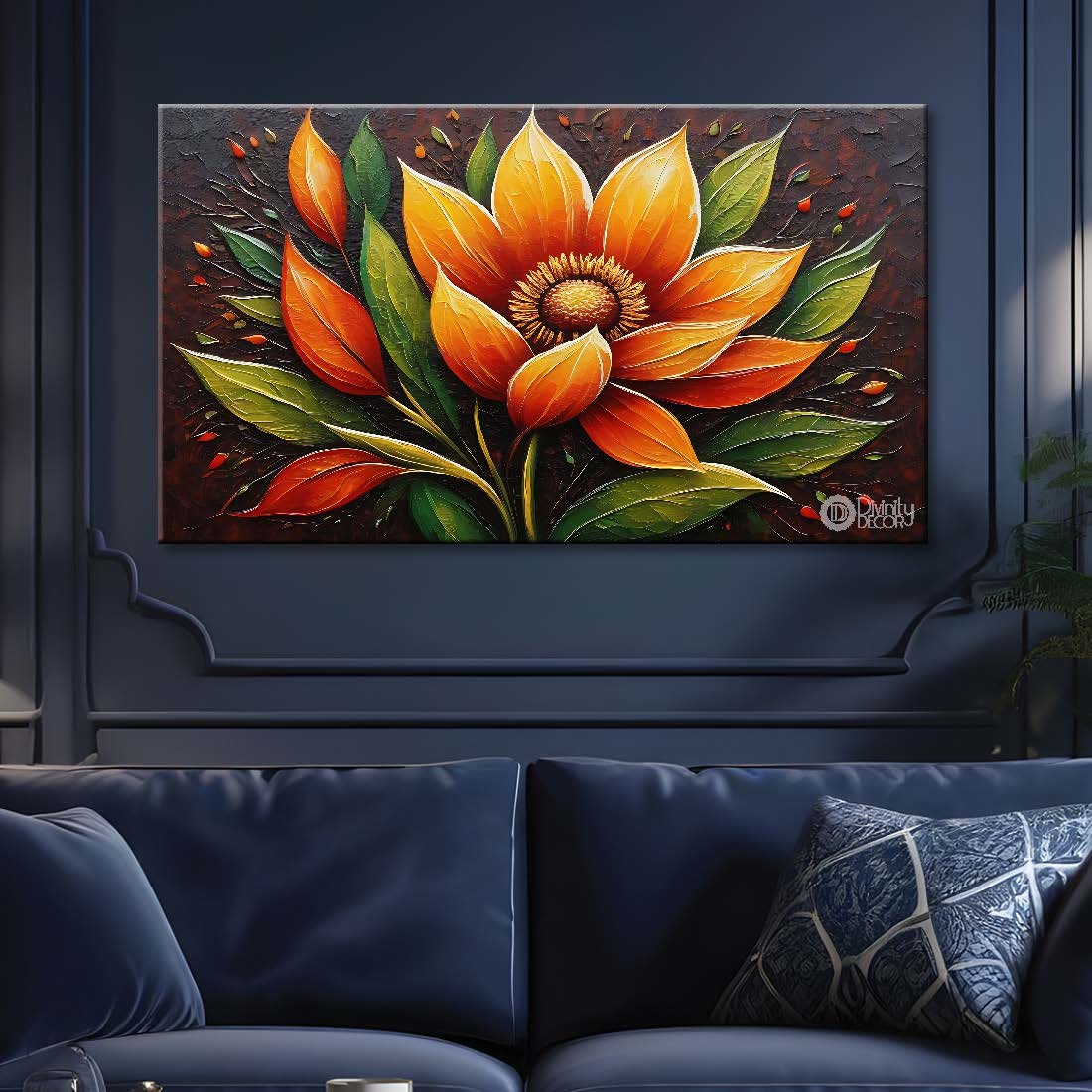 Orange flower with brown background canvas painting- Flower-563