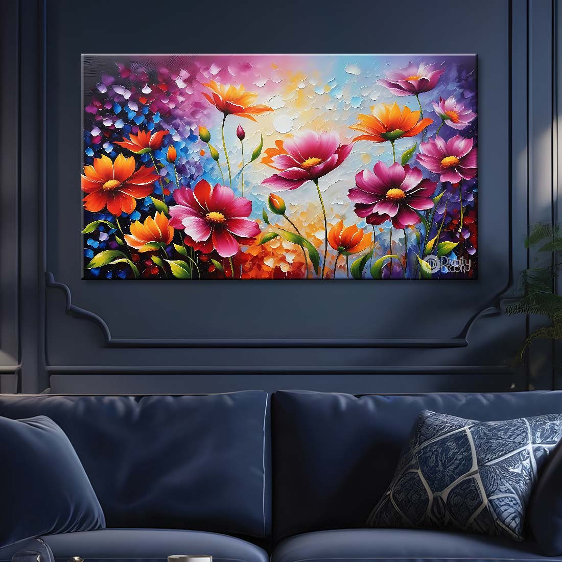 Colorful flowers in blue background canvas painting- Flower-564