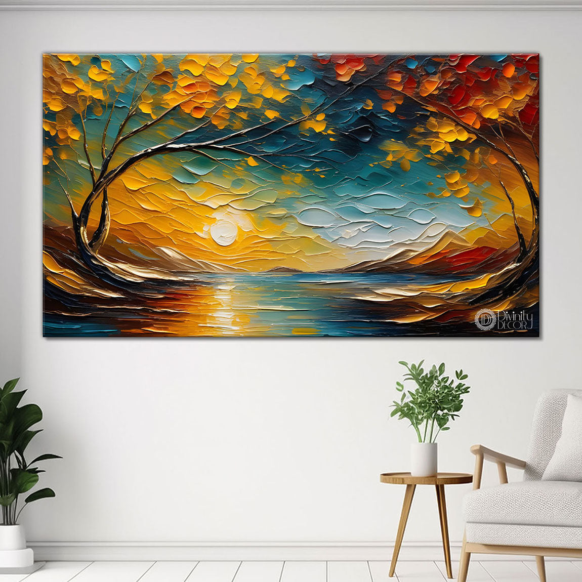 Colorful trees with lake painting Canvas Painting - Nature Art -564