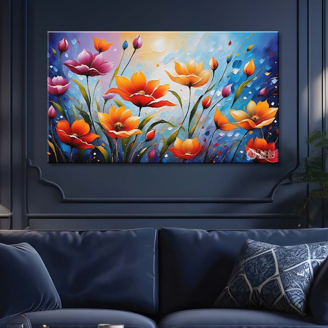 Colorful flowers in blue background canvas painting- Flower-565