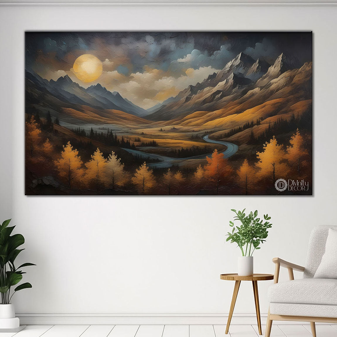 Mountains with moon in dark painting Canvas Painting - Nature Art -565