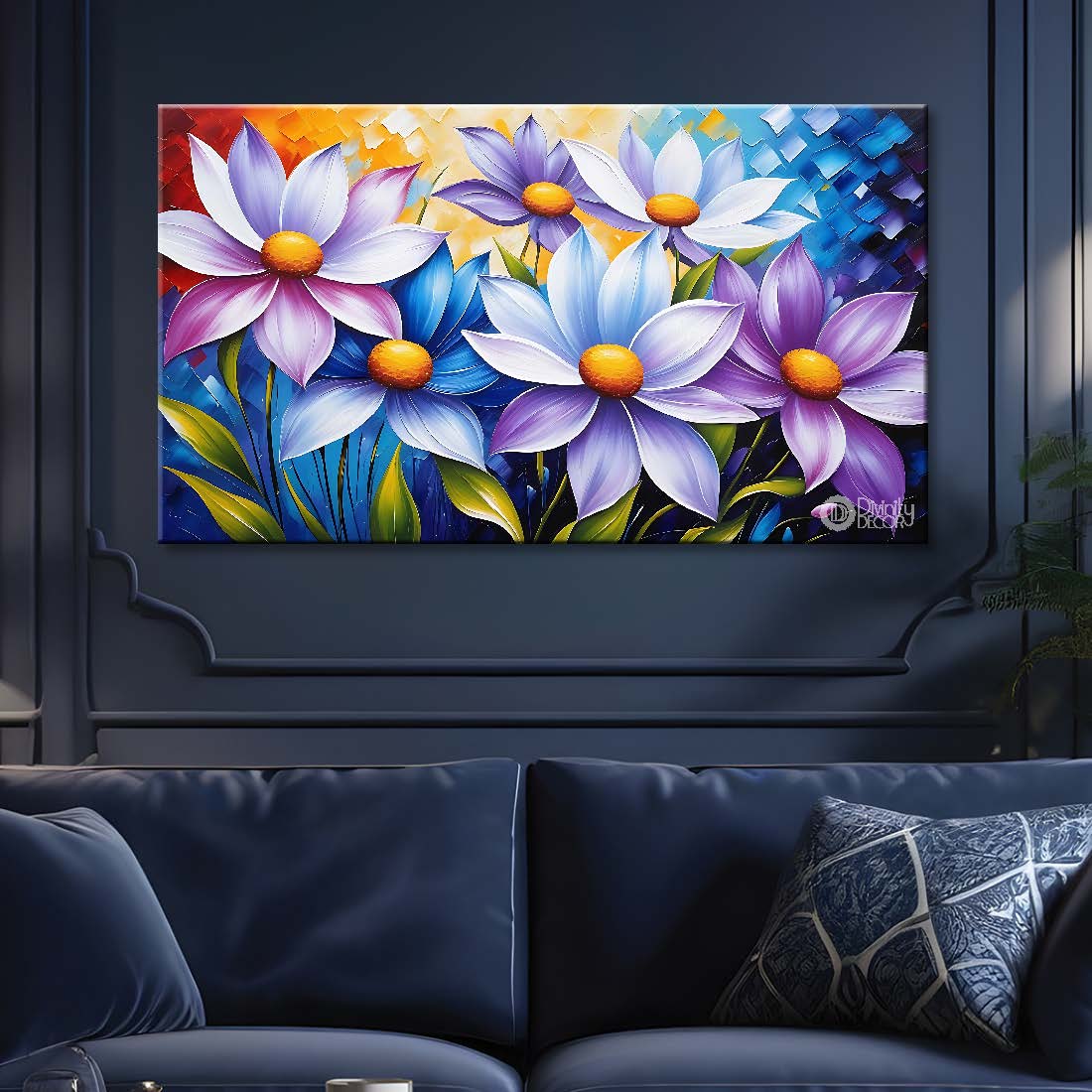 Blue and purple in blue background canvas painting- Flower-566