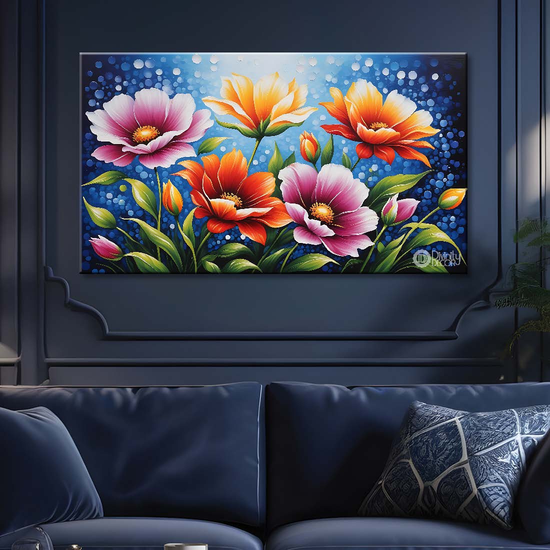 Colorful flowers in blue background canvas painting- Flower-567