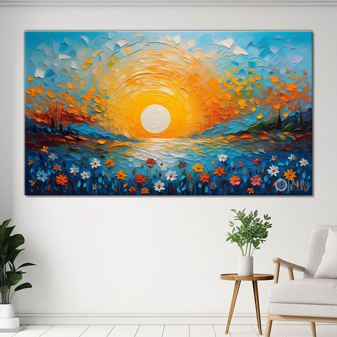 Sunset with flowers painting Canvas Painting - Nature Art -567