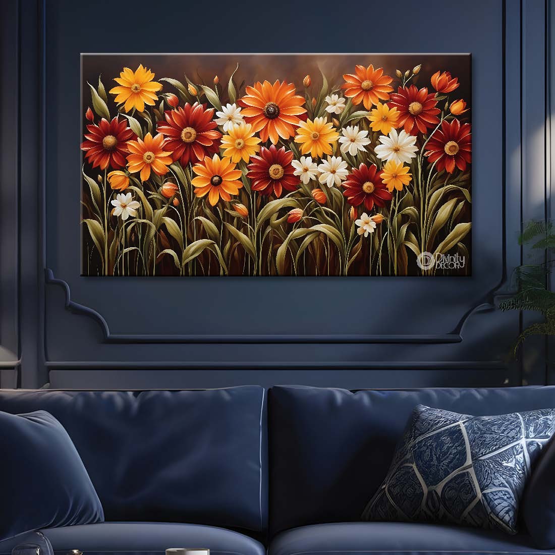 Orange and red in brown background canvas painting- Flower-569
