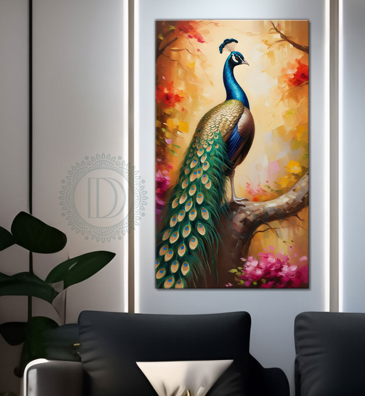 Peacock on branch with bright background modern art painting - Design - Peacock-V-56