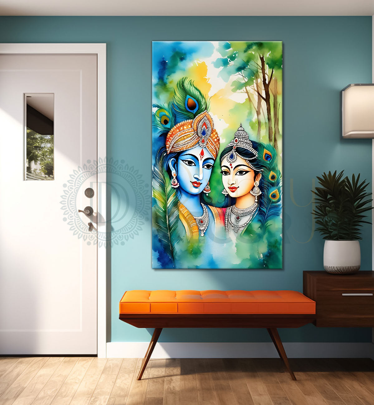 Blue face of krishna with radha in water colour textured art Canvas Painting - Design - Krishna-V-56
