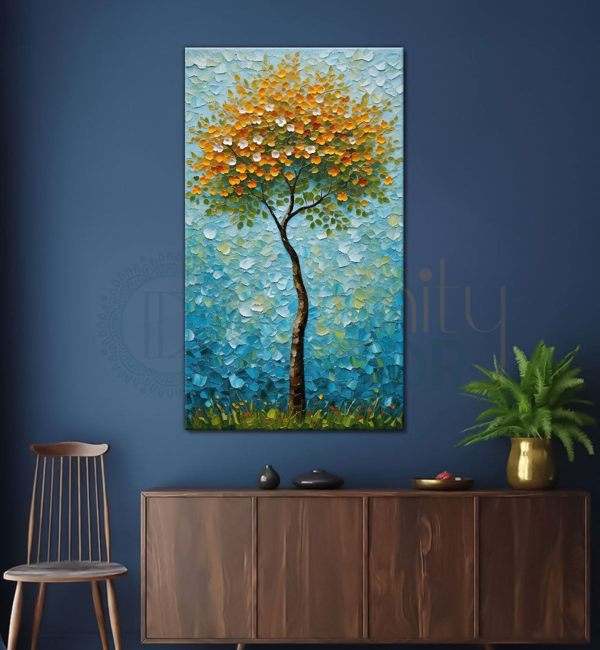 White flowers orange tree in textured oil painting Canvas painting - Tree-V-56
