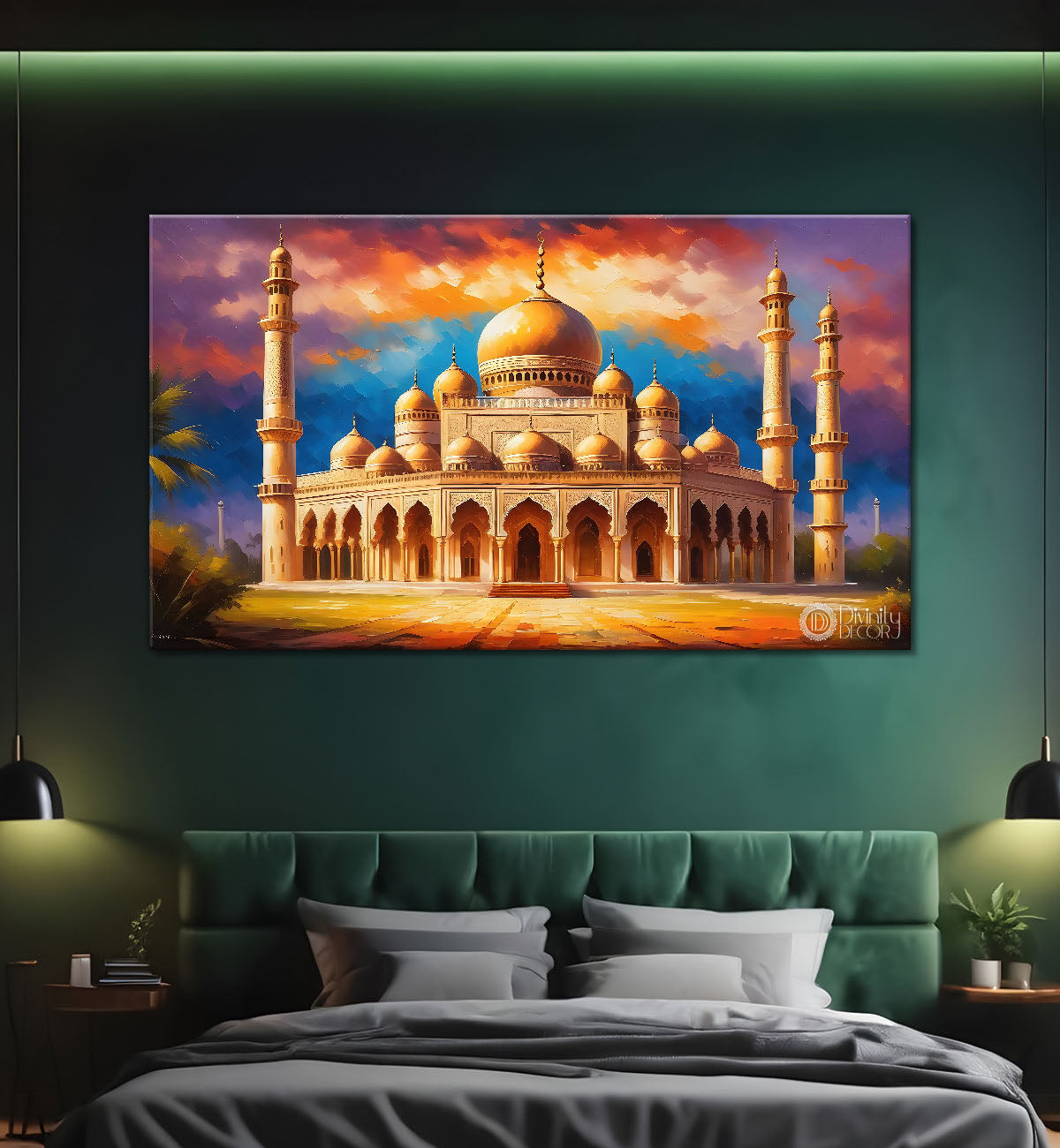 beautiful Islamic mosque with sunset textured oil painting Canvas Painting - Islamic paintings - 56
