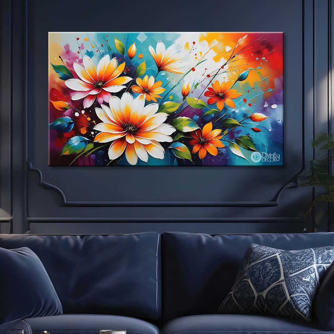 White flowers in blue background canvas painting- Flower-570