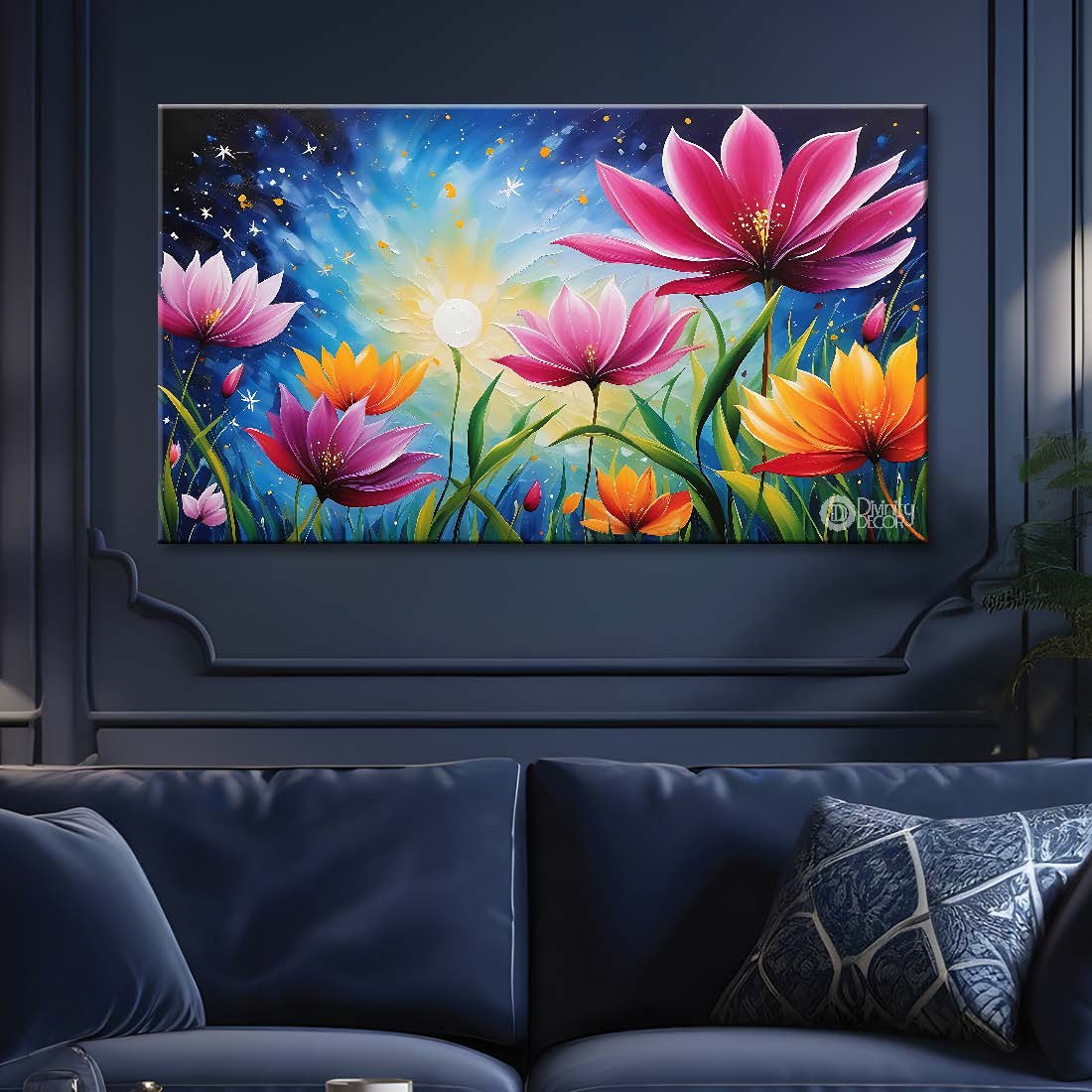 Pink flowers in blue background canvas painting- Flower-571