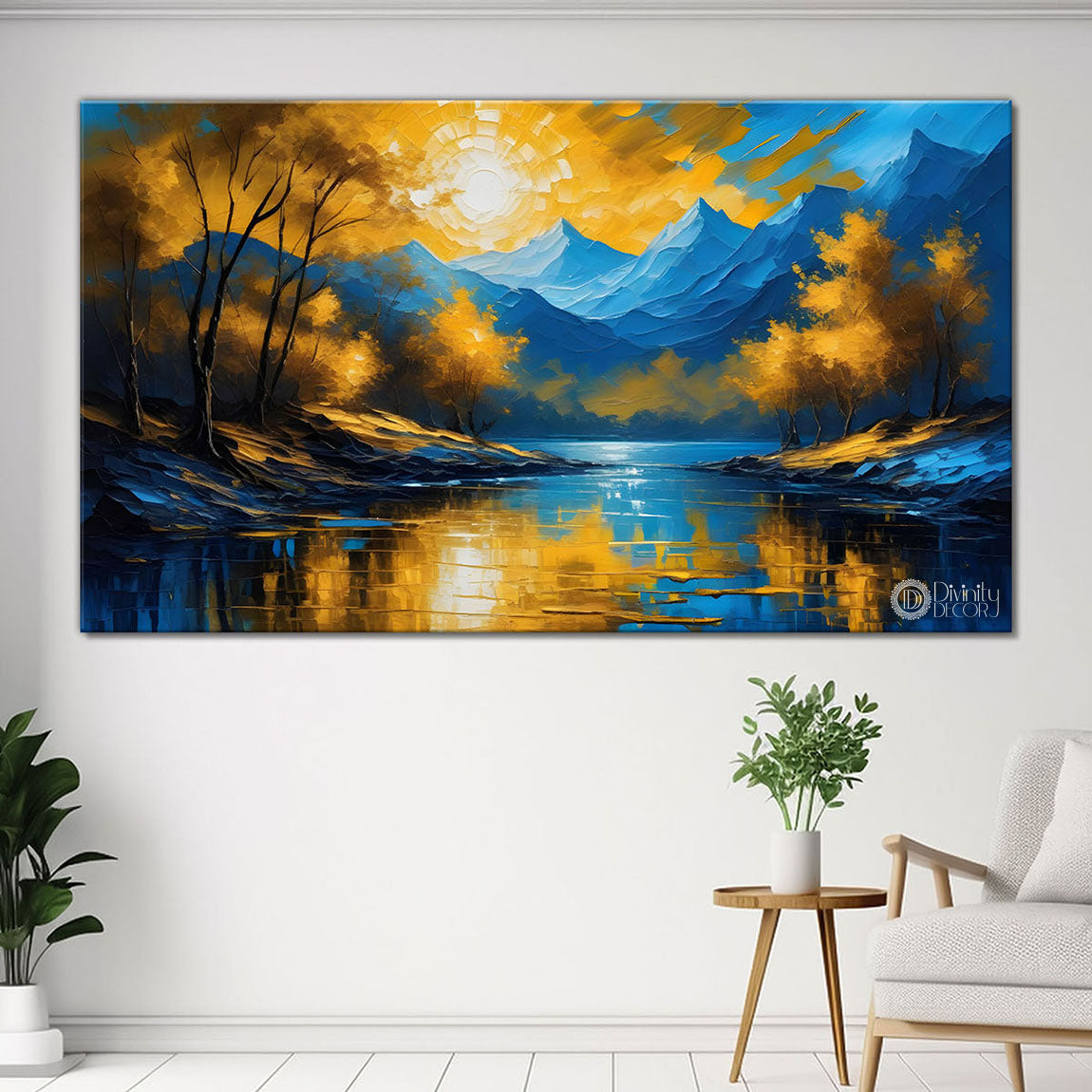 Blur mountains with yellow trees painting Canvas Painting - Nature Art -571