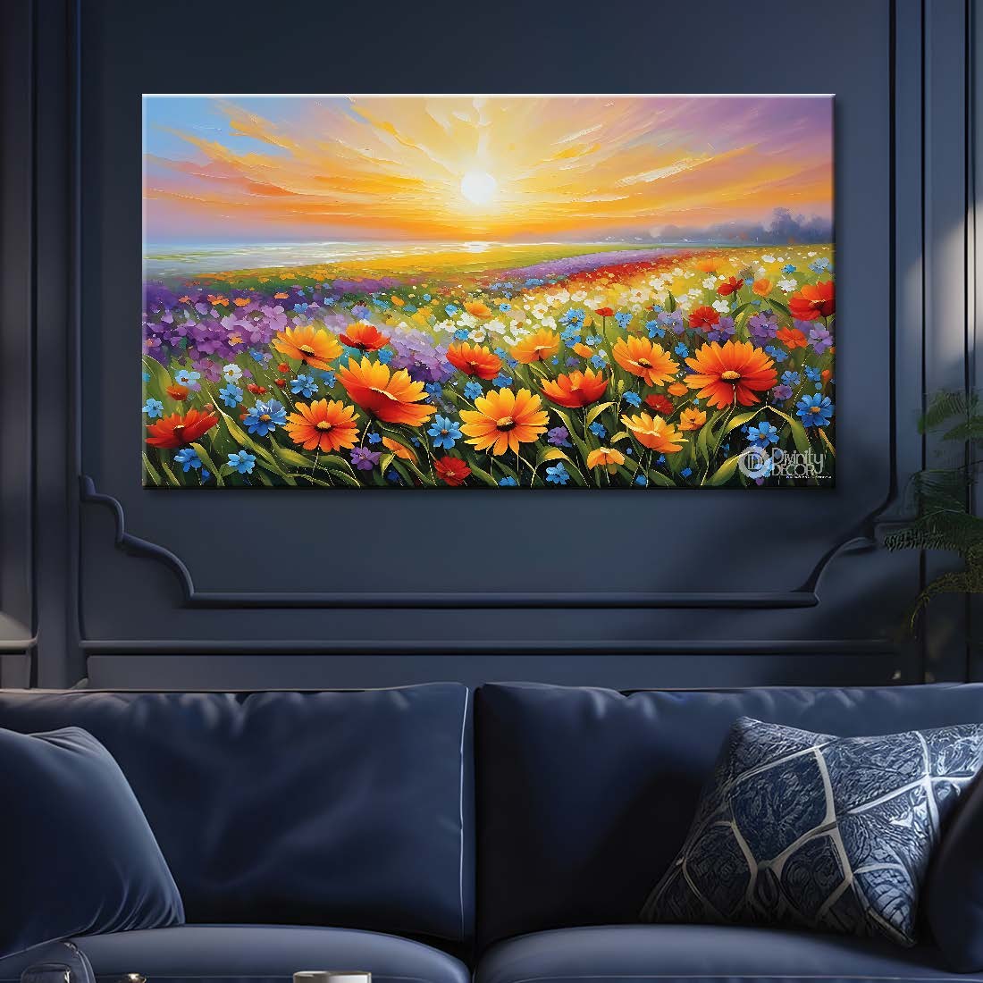 Orange flowers land with lake and sun textured painting canvas painting- Flower-572