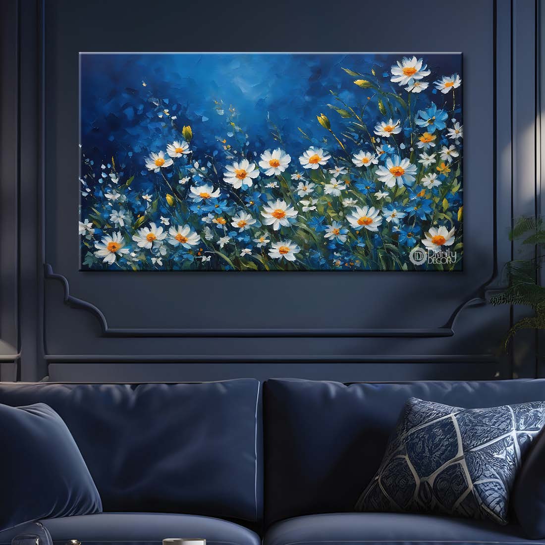 White flowers in navy blue background canvas painting- Flower-573