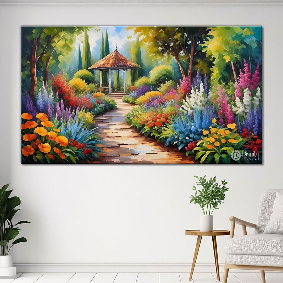 Trees with colorful flowers with a way textured painting Canvas Painting - Nature Art -573