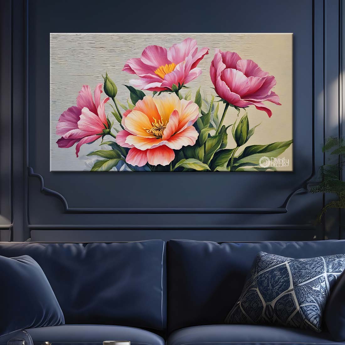 Pink flowers in grey background canvas painting- Flower-574