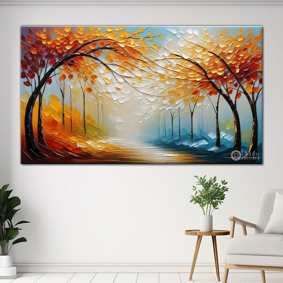 Orange trees with blue background textured painting Canvas Painting - Nature Art -574