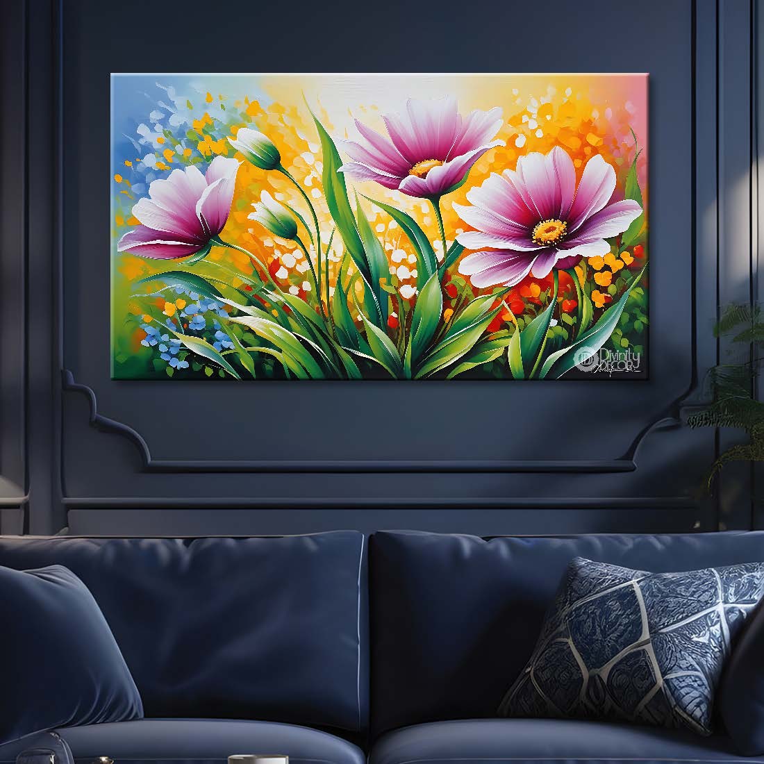 Pink flowers in light background canvas painting- Flower-575