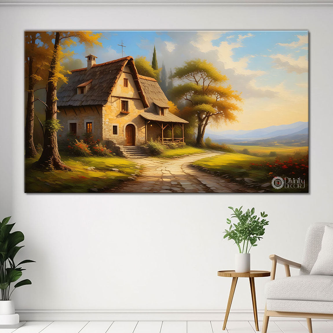 House on the way with blue sky textured painting Canvas Painting - Nature Art -575