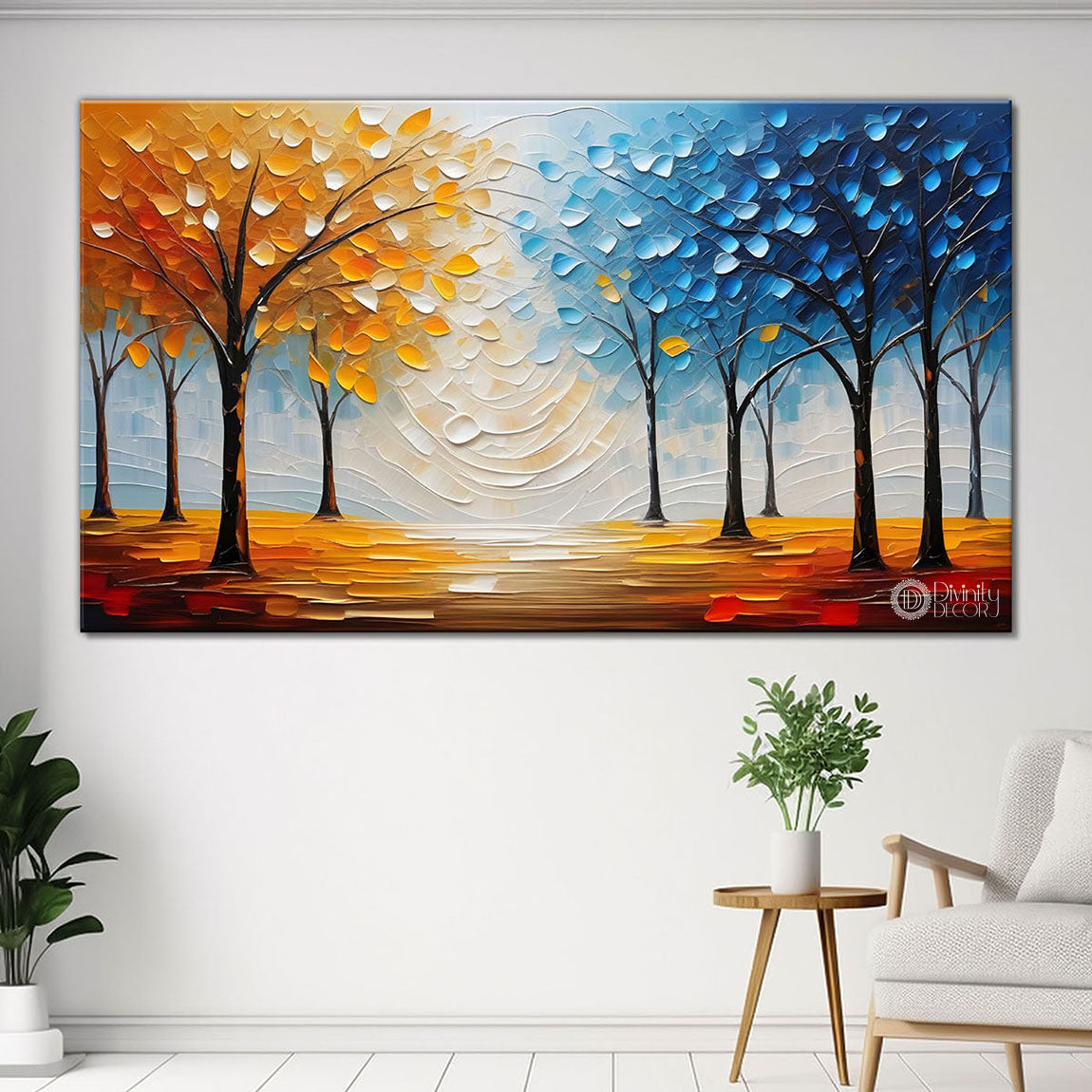 Blue and orange trees textured painting Canvas Painting - Nature Art -576