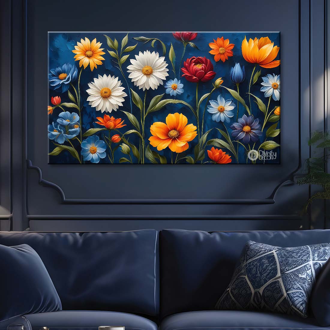 Colorful flowers with green background canvas painting- Flower-577