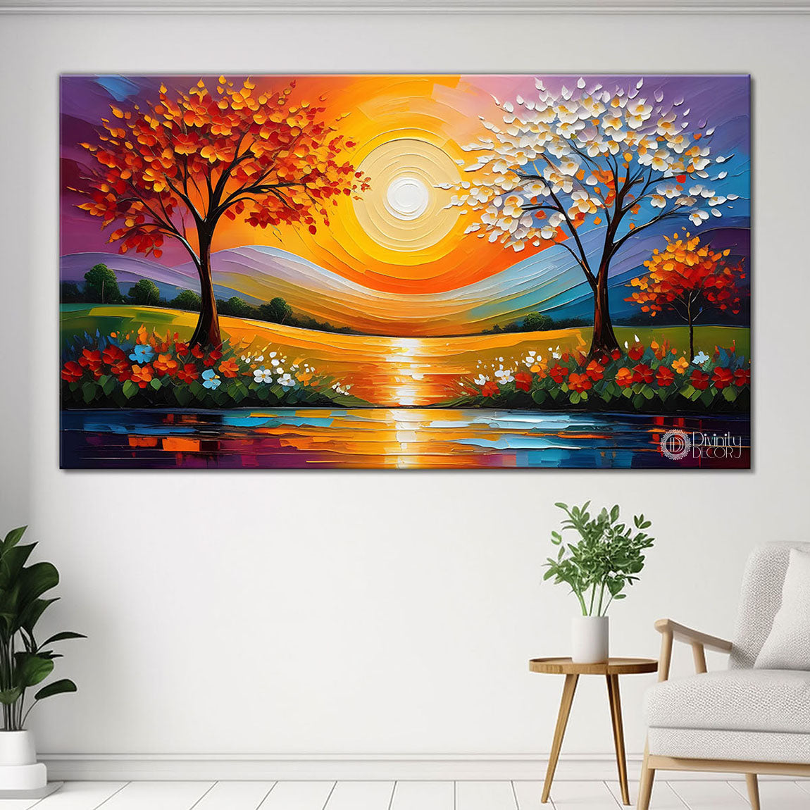 Colorful trees with sun and lake painting Canvas Painting - Nature Art -577