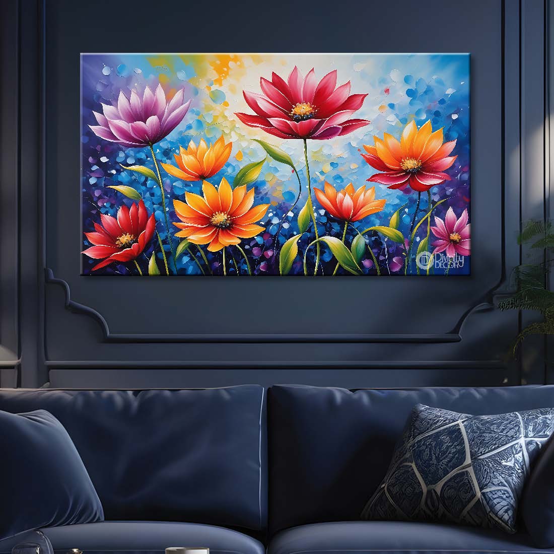 Pink and orange flowers in blue background canvas painting- Flower-578