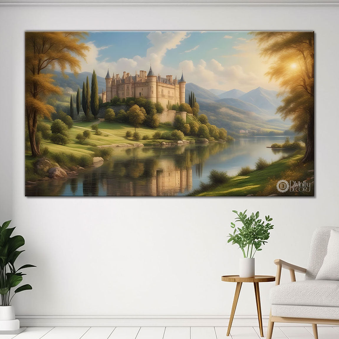 Castle with greenery and lake painting Canvas Painting - Nature Art -579