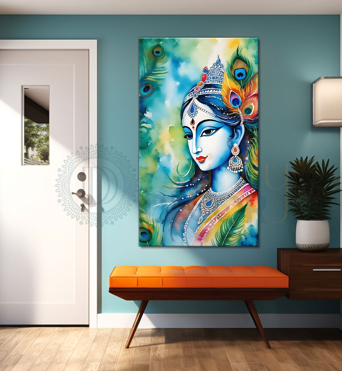 Blue face of krishna in water colour textured art Canvas Painting - Design - Krishna-V-57