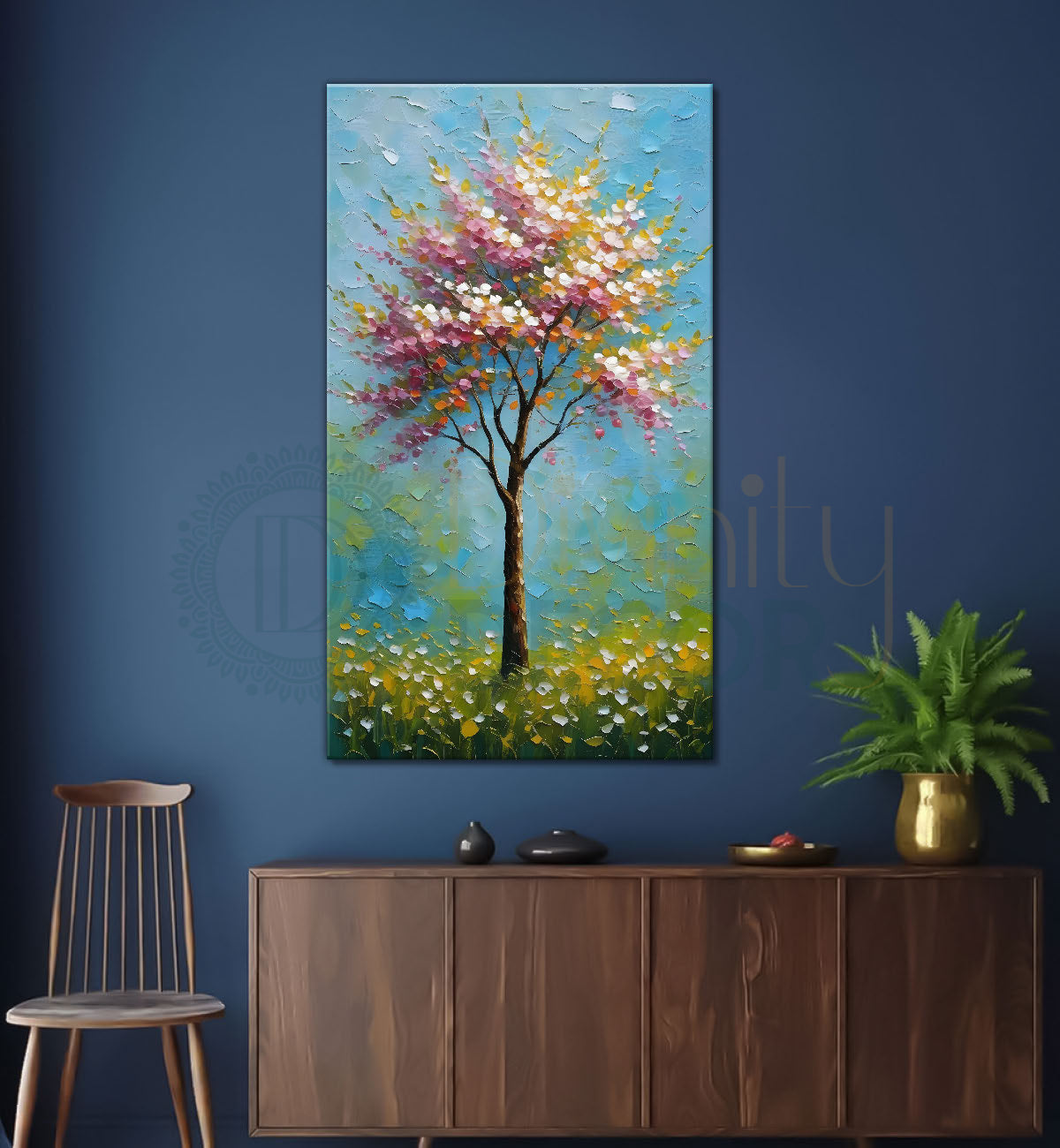 Spring tree with beautiful sky blue background textured modern art Canvas painting - Tree-V-57