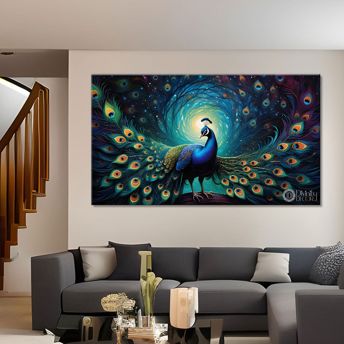 Peacock in bright green colors oil painting Canvas Painting - Design - Peacock-57