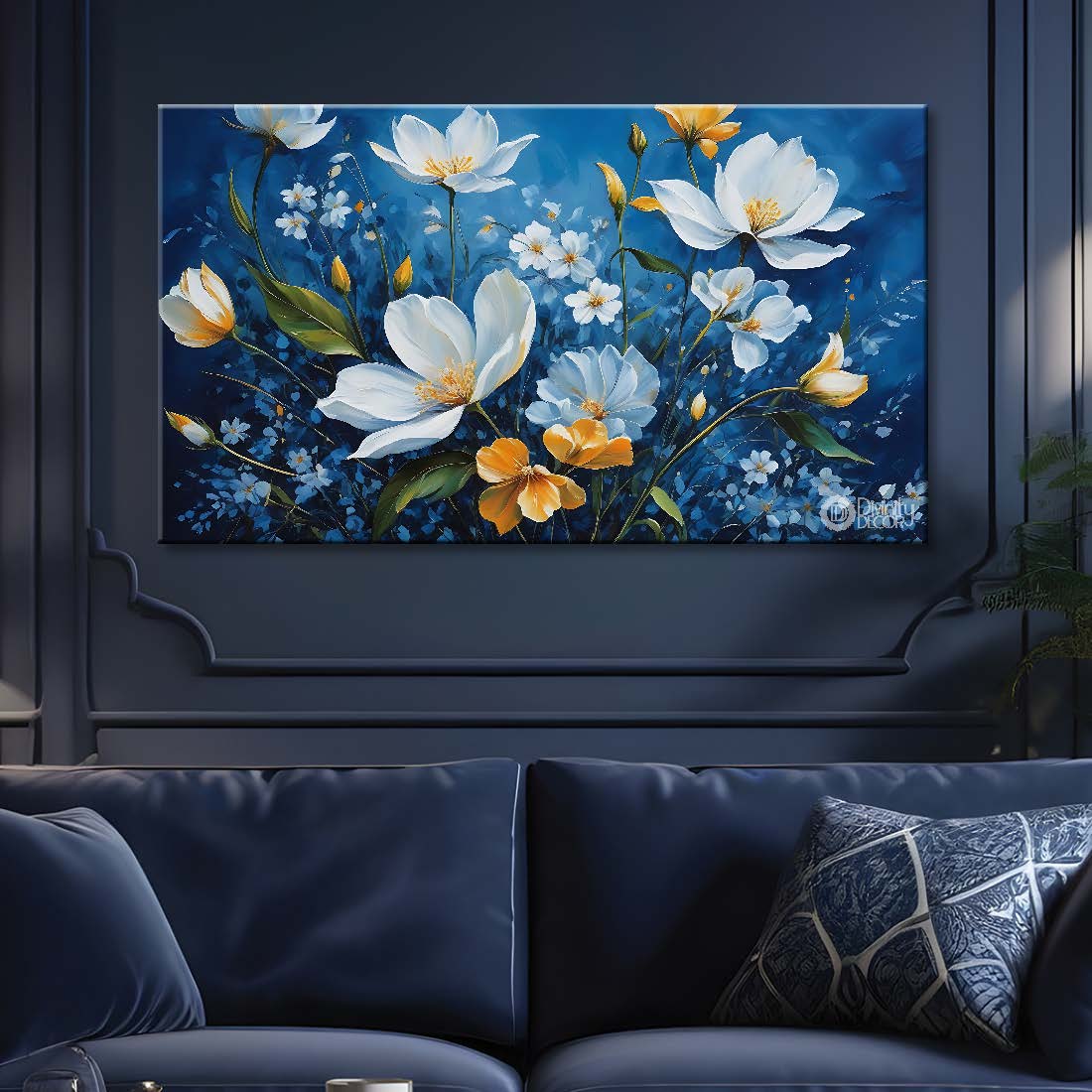 White flowers in blue background canvas painting- Flower-580